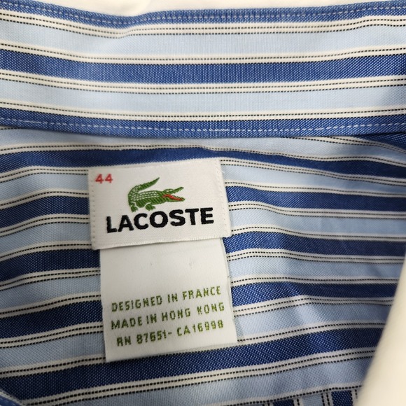 Vintage Lacoste Shirt Men 44 (XL) Vertical Striped Button Up Alligator Logo Blue - Picture 4 of 11